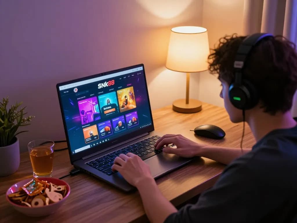 Engaging in online gambling at Snk88 platform during a cozy evening