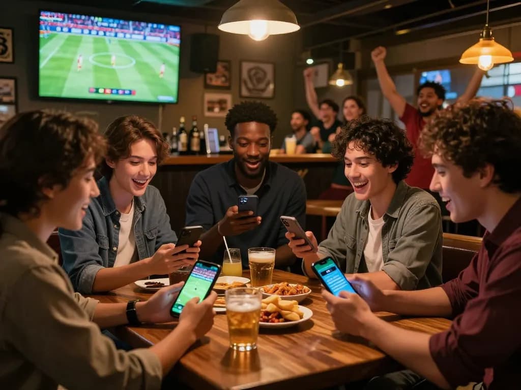 Diverse friends enjoying a spirited football betting experience with Fabet apps at a lively sports bar.