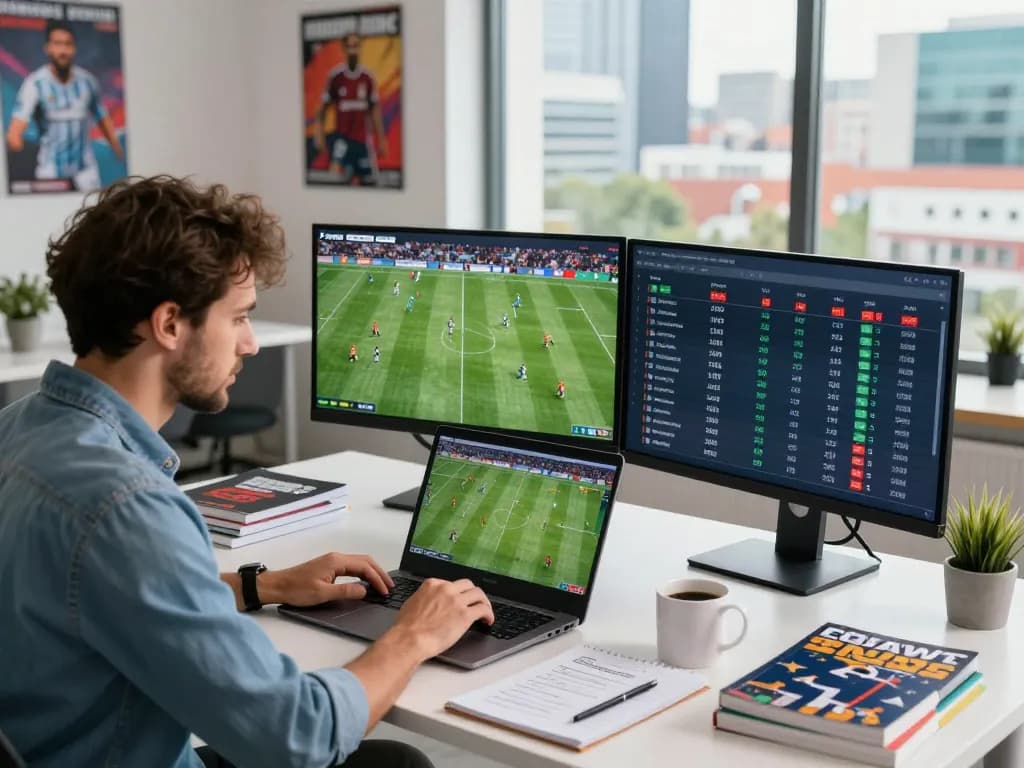 Soi kèo nhà cái expert analyzing soccer betting odds in modern workspace.