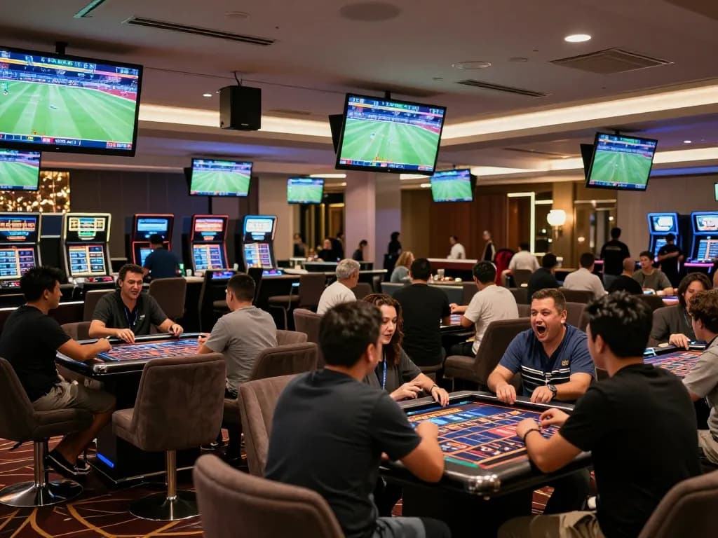 Patrons engaging in strategic sports betting at Trang chủ GA88 within a luxurious casino setting.