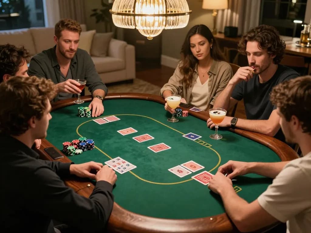 Engaging poker night with friends around the table at Trang chủ LODE88, featuring cards and chips in play.