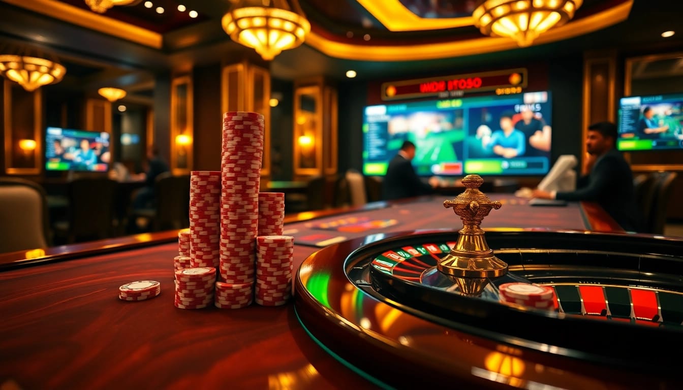Pahala4d gaming scene with vibrant poker chips and a roulette wheel, radiating excitement.