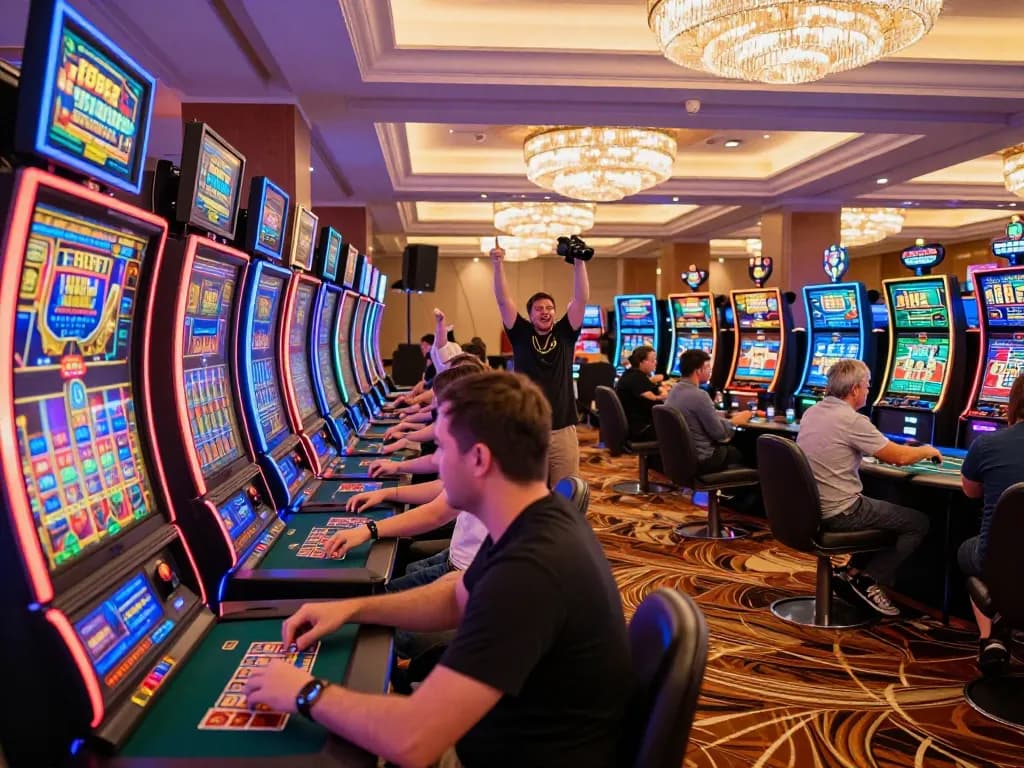 Players enjoying vibrant slot games at F8Beta2, showcasing exciting wins and luxurious casino atmosphere