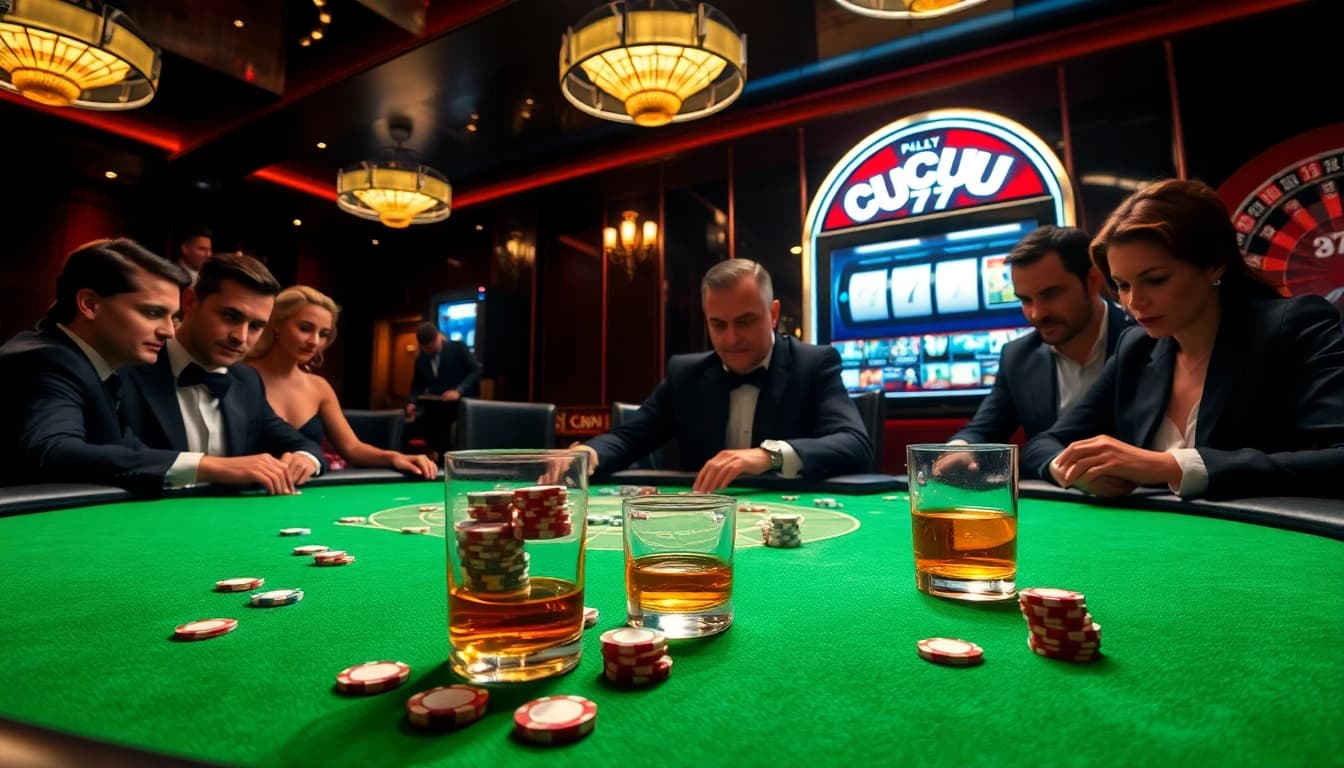 Players engage at a high-stakes table in a vibrant casino, showcasing cucu 777 and excitement.