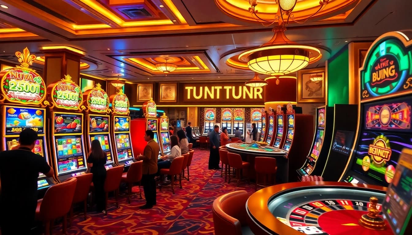 Experience nổ hũ đổi thưởng with vibrant slot machines and lively casino ambiance.