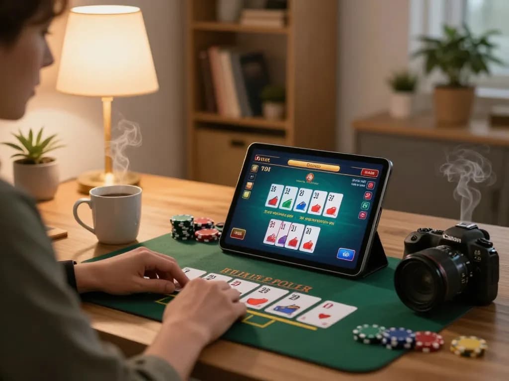 Jun88 player navigating an online blackjack game on tablet at home with strategic focus
