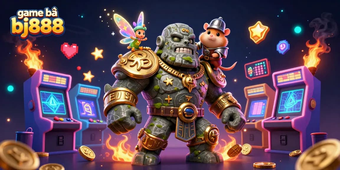 Experience thrilling game bài bj888 with a magical golem guardian and arcade elements in 3D.