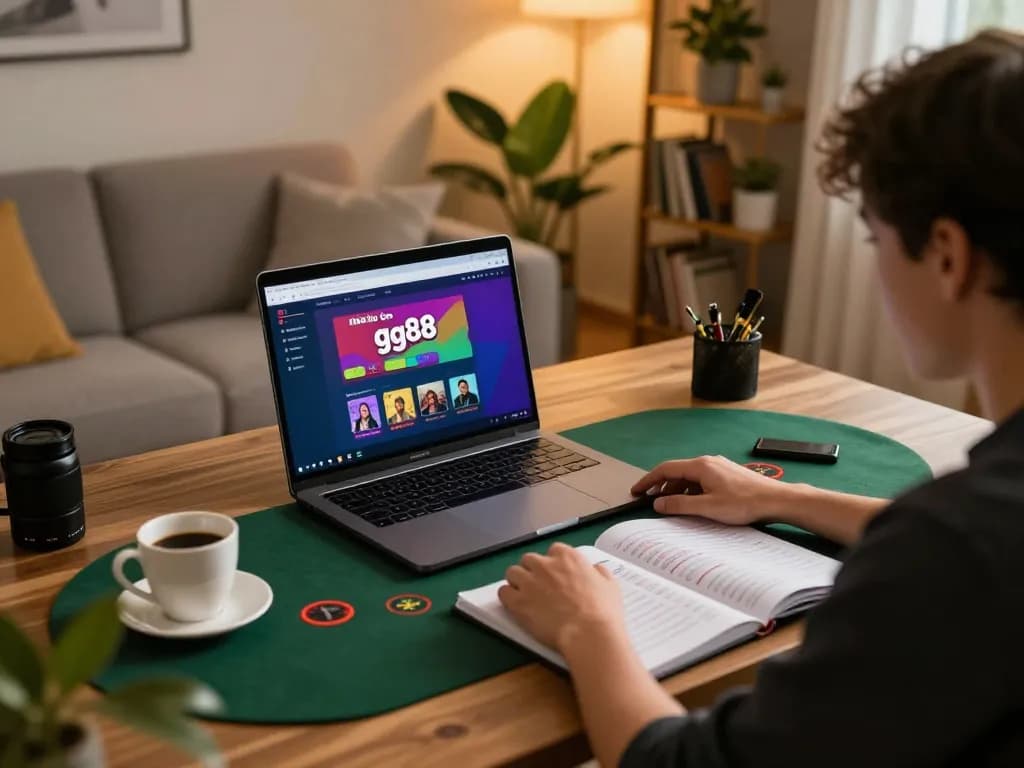Online gambler engaging with nhà cái gg88 on a laptop, emphasizing responsible gaming in a cozy home setup.