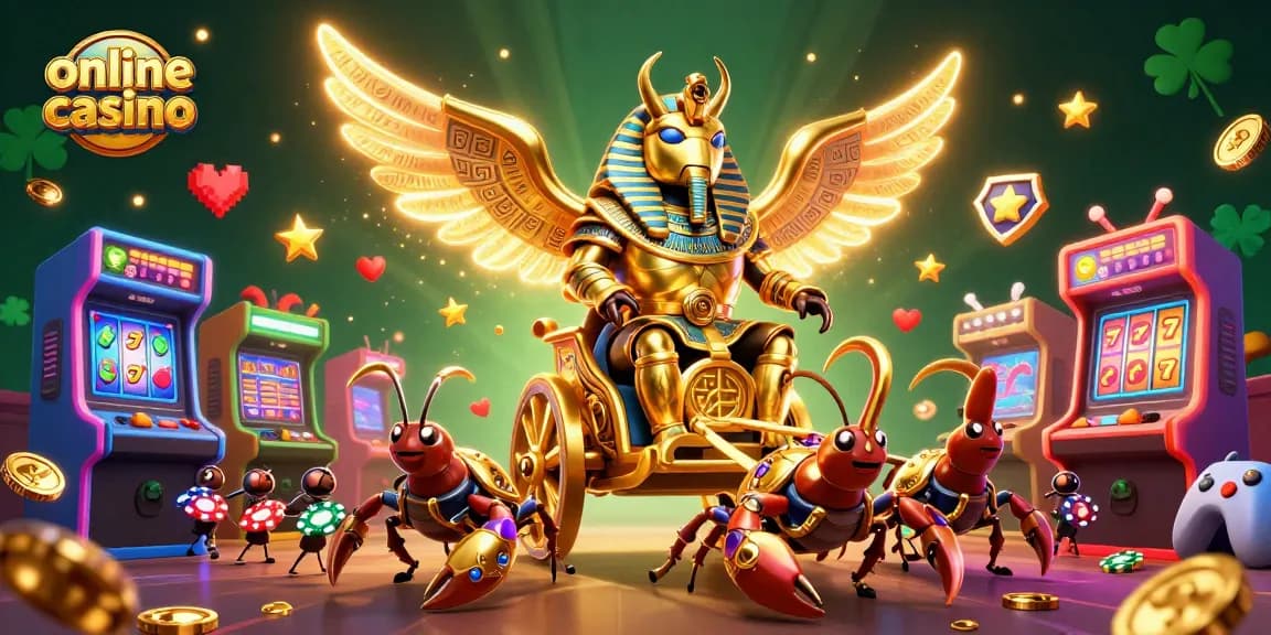 Engage in vibrant online casino fun with a colossal golden scarab beetle, scorpion chariot, and slot reels.
