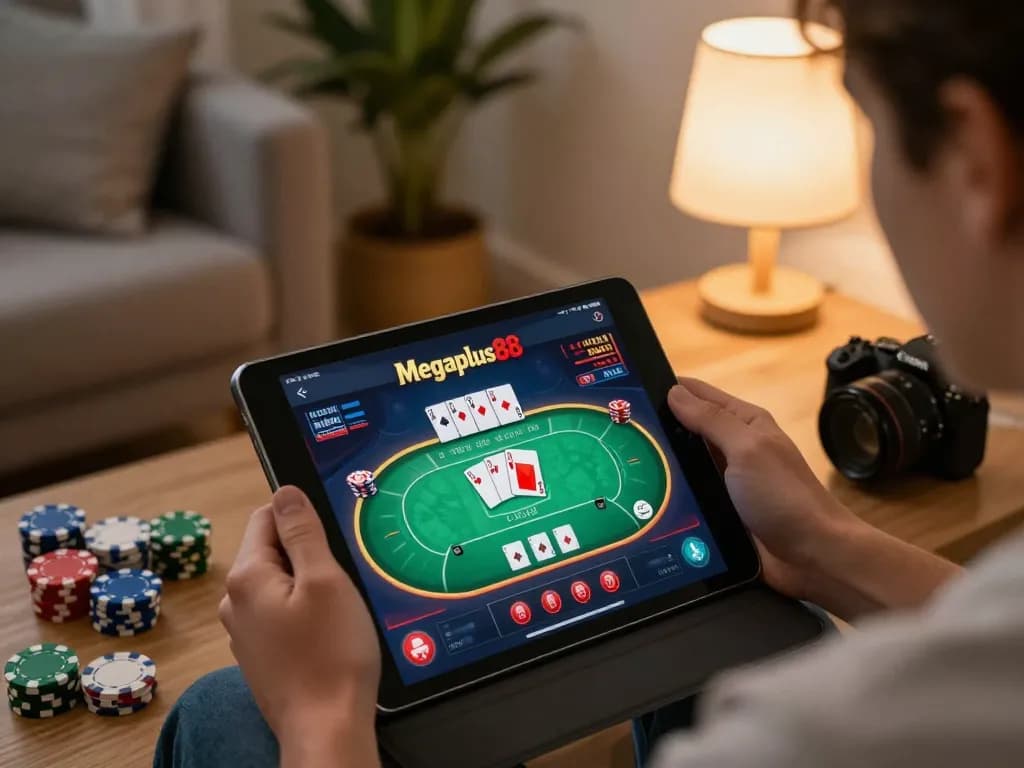 Player enjoying a poker game on megaplus88 app, showcasing strategy and engagement.