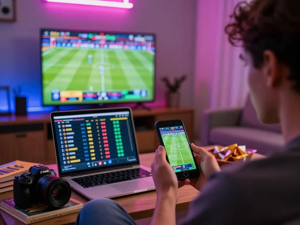 Engaged player making live bets on bk8 smartphone while watching sports in a cozy room.