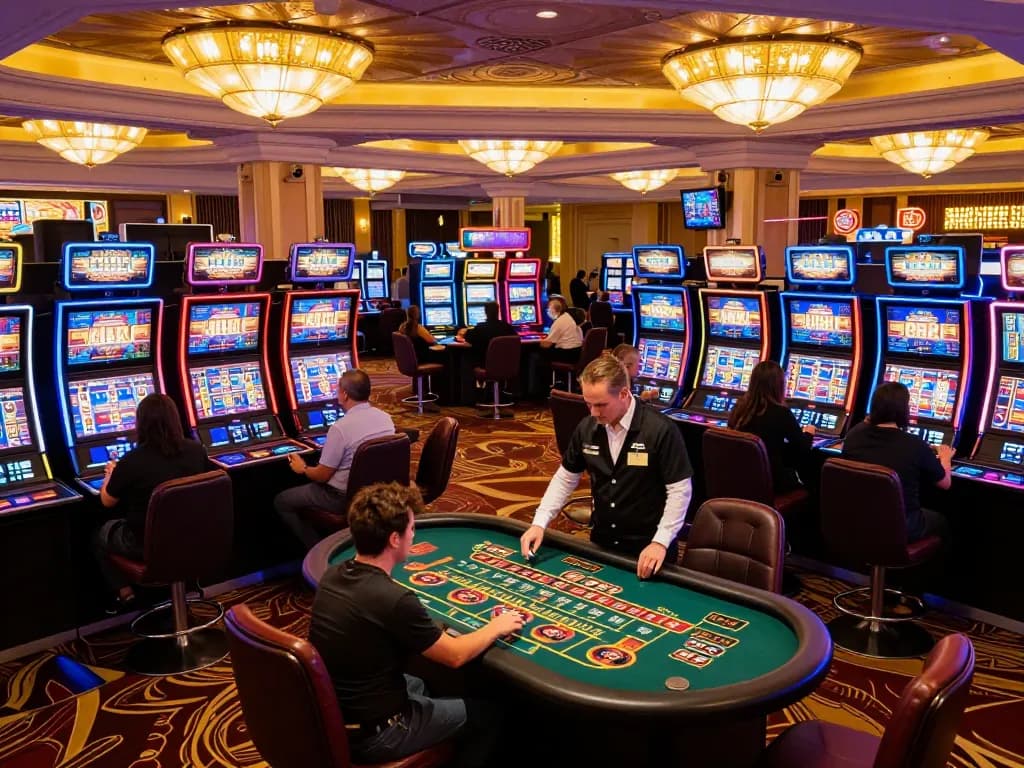 Viceroyluxury gaming experience with players enjoying vibrant slot machines and roulette at a luxurious casino