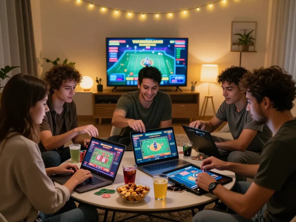 Friends enjoying online gaming at https://hitclub9.us.com/ in a cozy atmosphere with snacks and drinks.