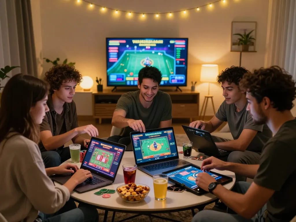 Friends enjoying online gaming at https://hitclub9.us.com/ in a cozy atmosphere with snacks and drinks.