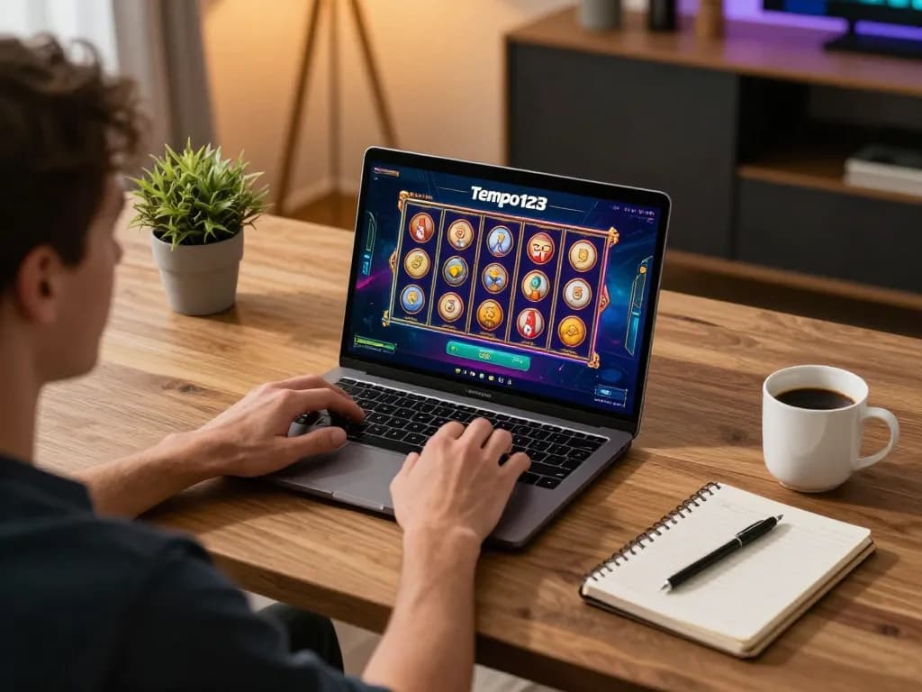 Bergabung dengan Slot Tempo123 di laptop di kantor rumah yang nyaman, menampilkan permainan online