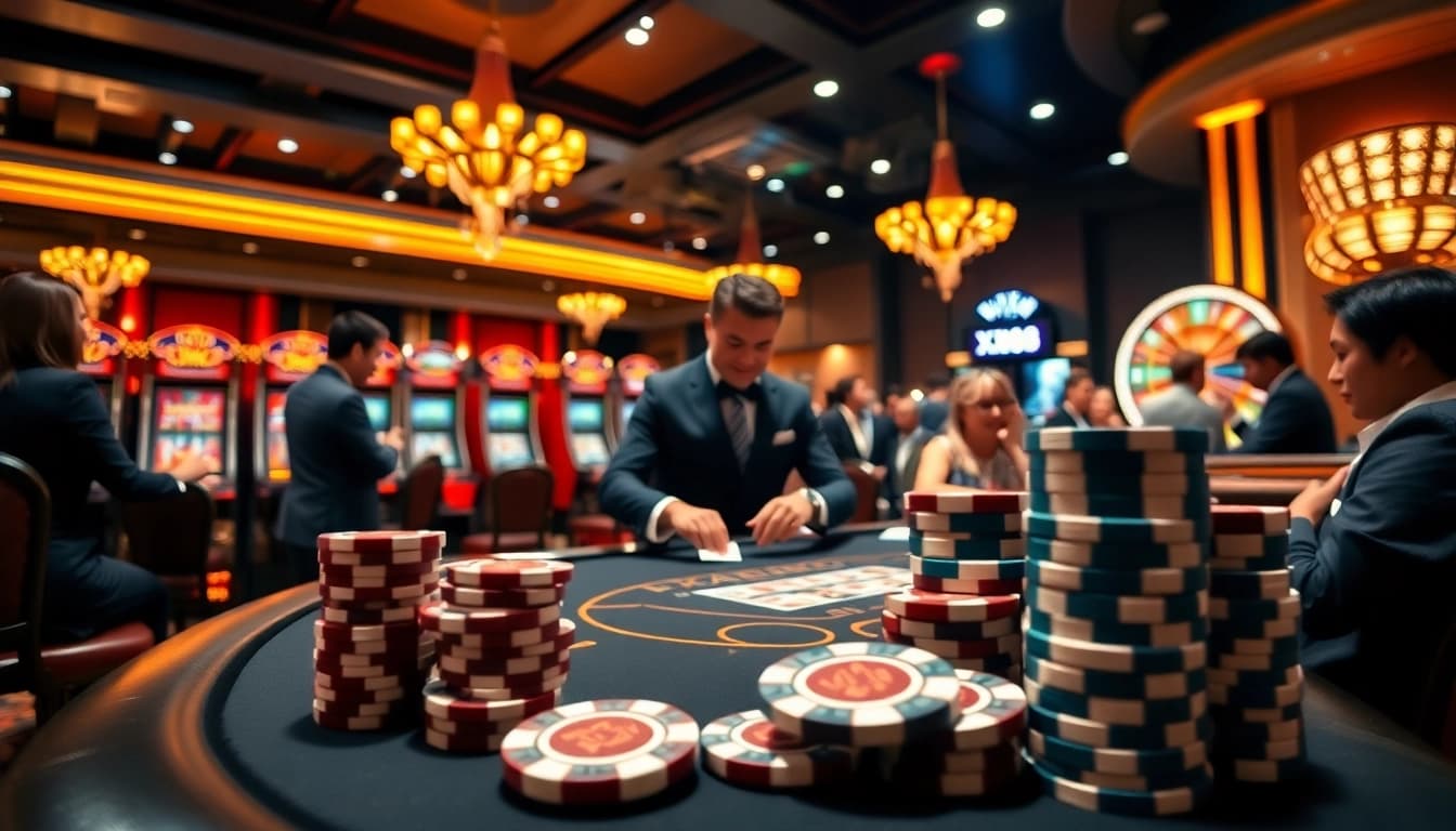 Excited players engaging in a game at XX88's luxurious casino table atmosphere.