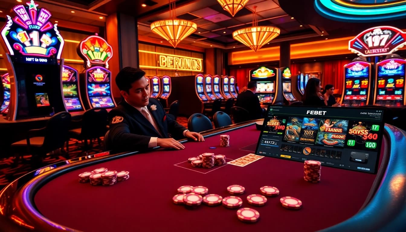FEBET displays an exciting poker table scene with vibrant chips and cards.