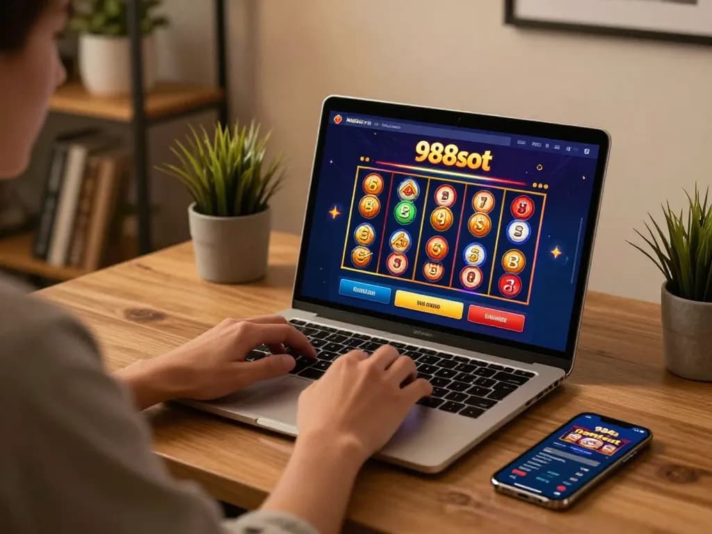 Engaging in strategic gameplay with 988slot on a laptop in a cozy home setting