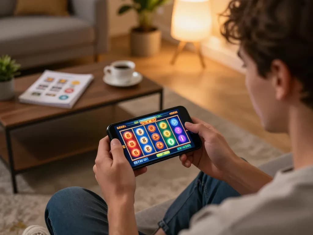 Engaged player exploring situs slot gacor features on mobile device in cozy home setting