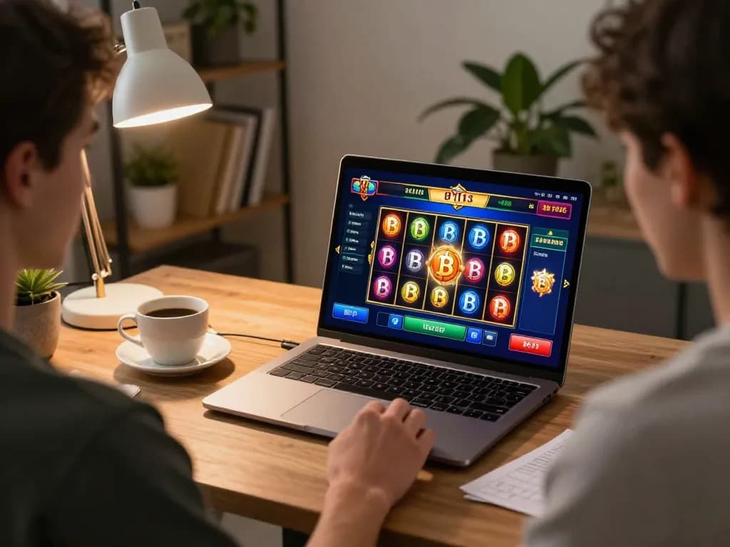 Engaging in a BTC casino game on laptop at home with cozy decor and strategy notes.
