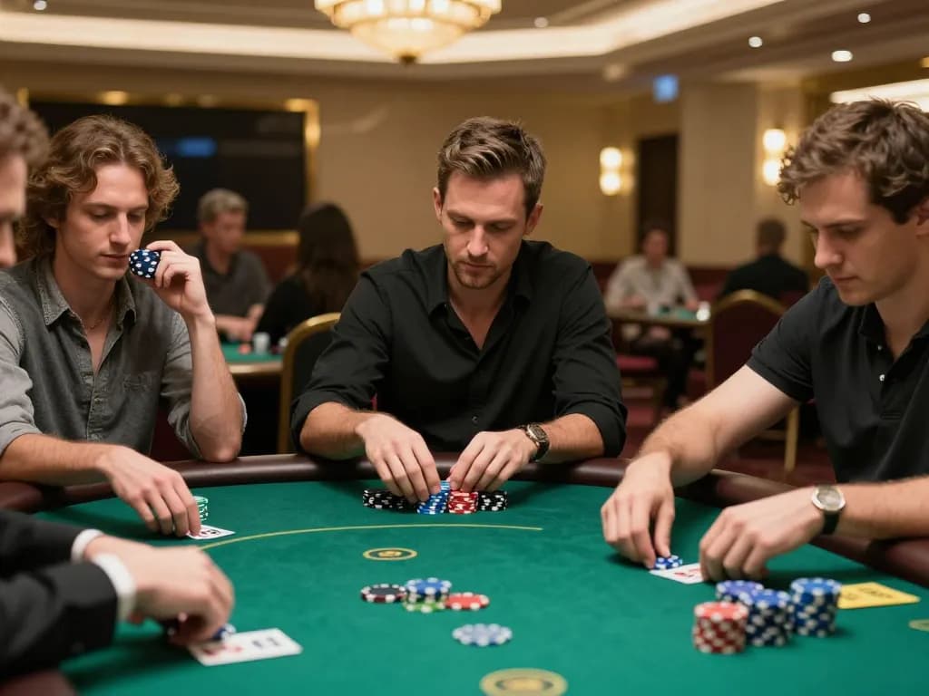 Intense gameplay at a poker table showcasing kèo nhà cái 5 with players focused on strategy and high-stacked chips.