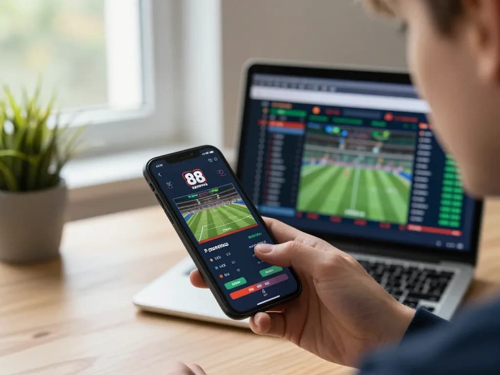 Betting on UK 88 sports app with smartphone in cozy home setting
