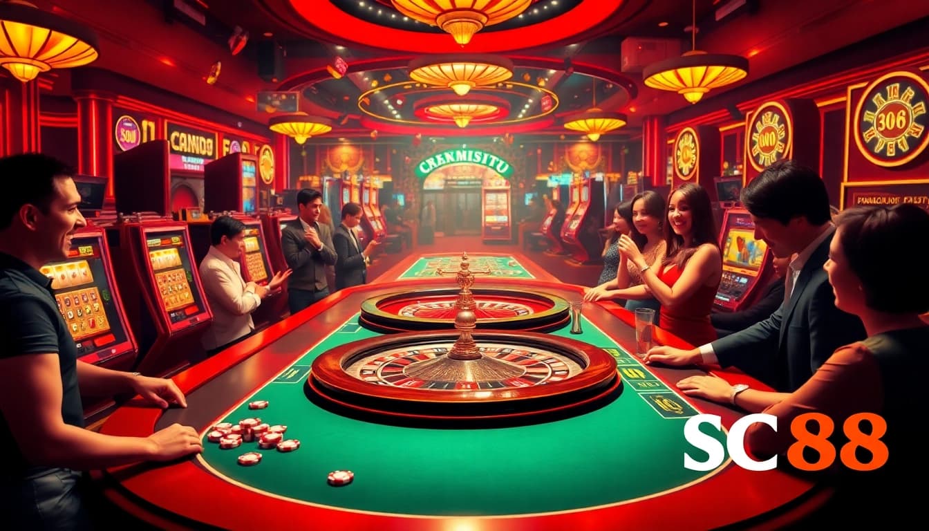 Experience the thrilling atmosphere of SC88 casino with players engaging at roulette and slot machines.