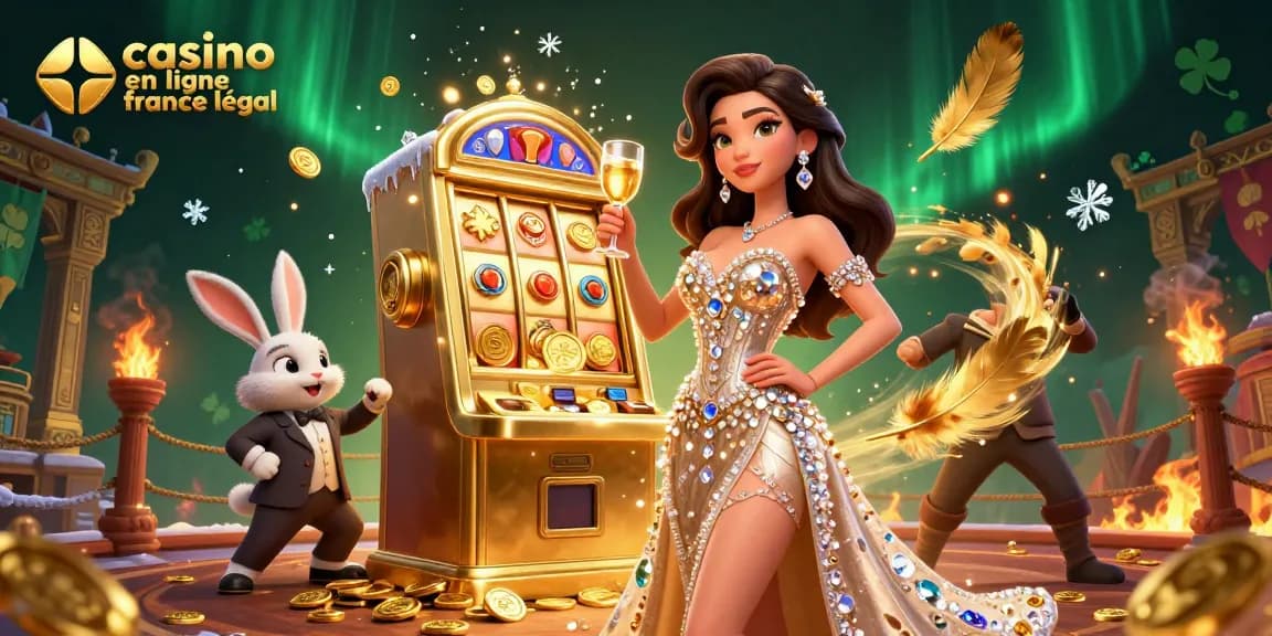 Engaging scene with luxurious elements celebrating casino en ligne france légal, featuring a glamorous woman and jackpot machine.