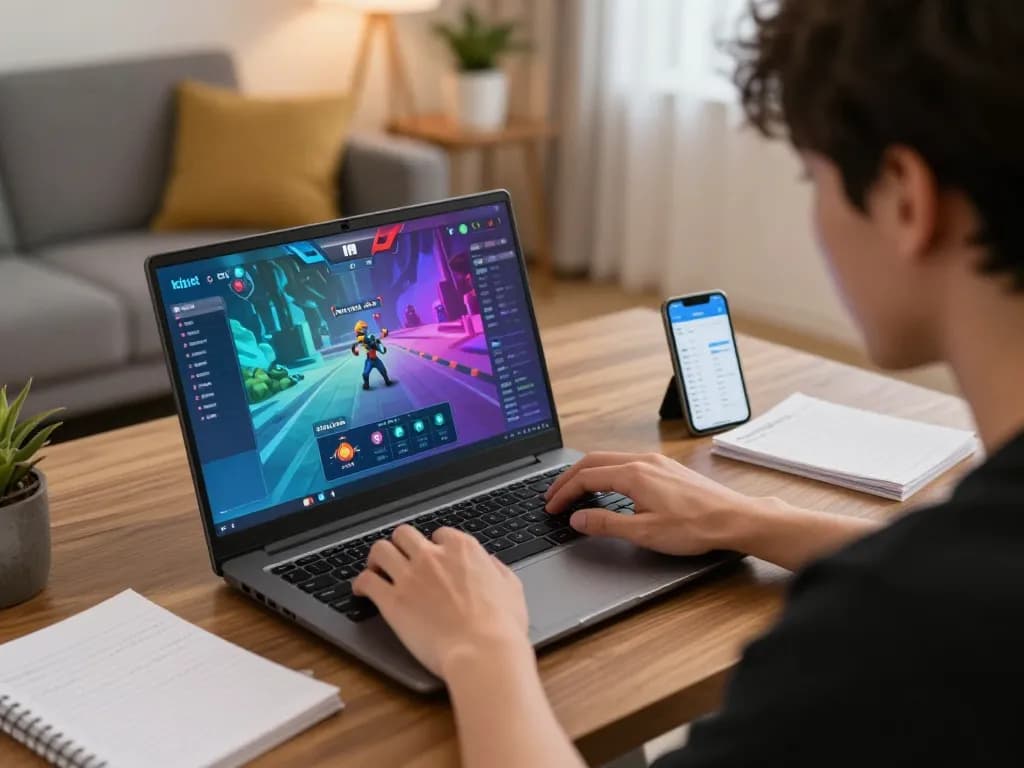 Player engaging with kdslot online gaming interface, showcasing home setup with vibrant graphics.