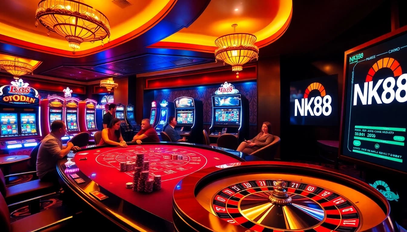 Engaging players at the NK88 casino table with vibrant slot machines and roulette excitement.