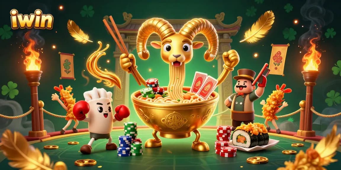 iwin casino scene showcasing a dynamic giant ramen bowl character dealing cards and stacking chips, filled with colorful gambling elements.