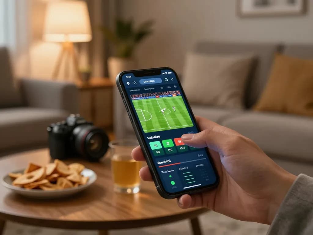 Placing a bet on the Nhà cái Lu88 mobile app in a cozy living room, highlighting casual sports betting