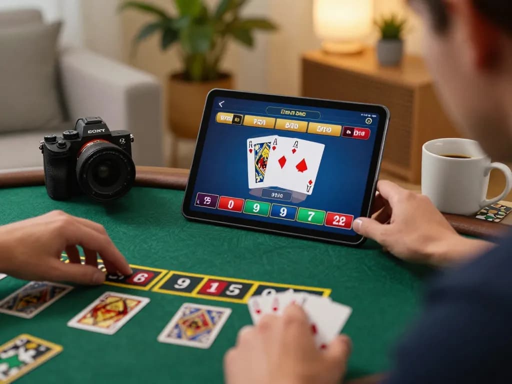 Experience live dealer action at http://tg777.ac/ with a player enjoying blackjack on a tablet in a cozy home setting.