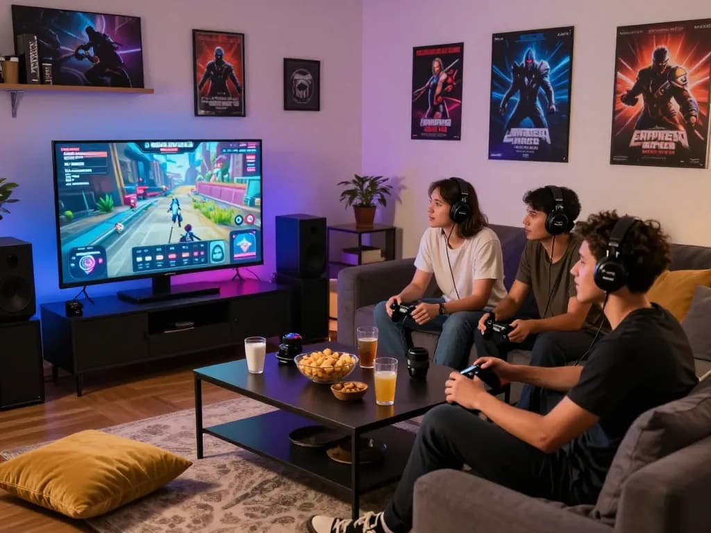 Friends enjoying an immersive gaming session on Empire99 platform with snacks and drinks.