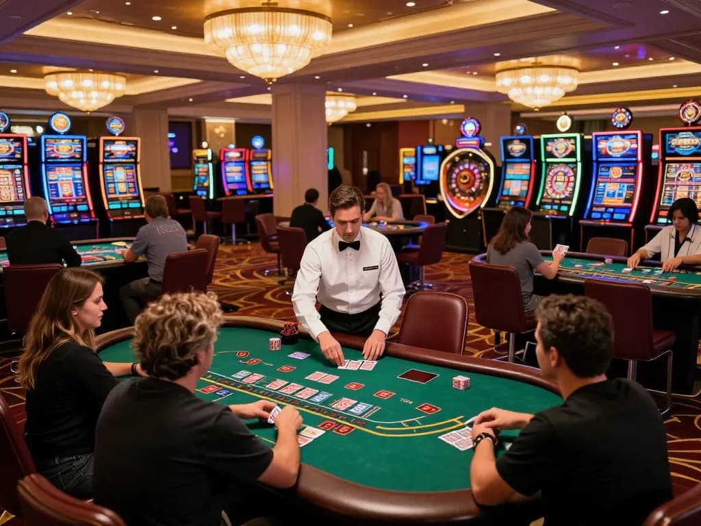 Experience gaming at taixiusunwin.art with players focused on a blackjack table amidst a vibrant casino atmosphere.