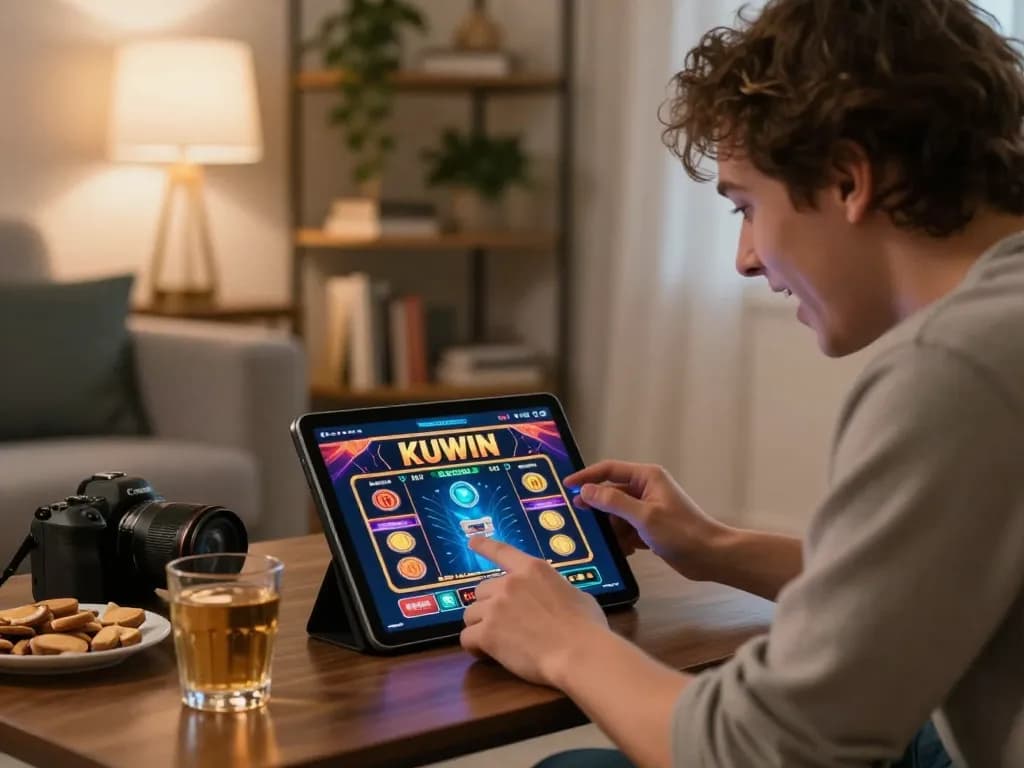 Kuwin player enjoying online casino action on tablet in a cozy home setting.