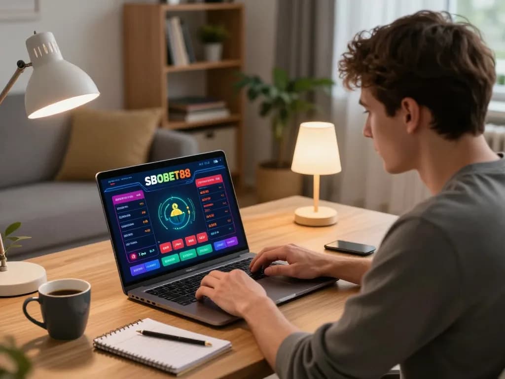 Pengalaman judi online yang menarik menggunakan SBOBET88 di laptop dalam suasana ruang tamu modern.