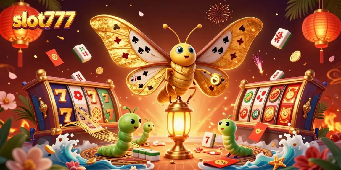 Engage with slot777 and immerse in a vibrant casino scene featuring golden moths and dynamic game symbols.