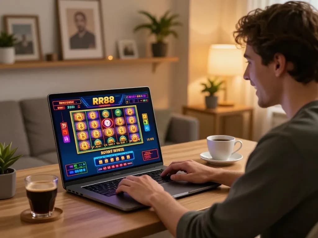 Engaging online gaming experience with RR88 interface featuring player at home, enjoying vibrant slot machines.
