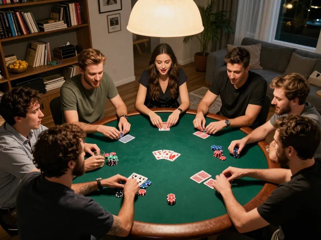 Friends engaging in an exciting home poker night while using ALO8 to track bets and strategies