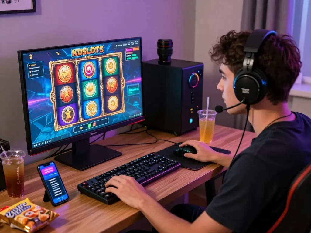 KDSlot player engaged in exciting online slot game in a vibrant home office with gaming setup.