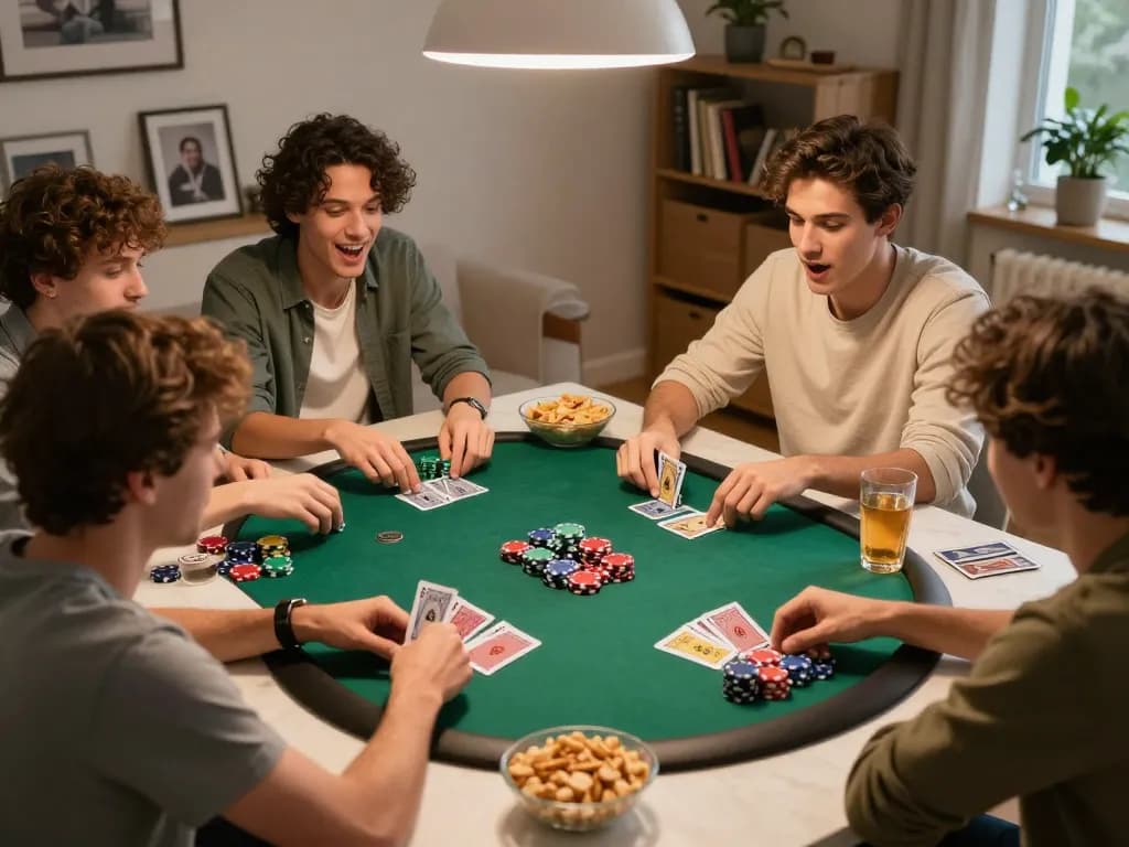 Pemain NUSA138 menikmati permainan poker santai di rumah, dengan chip dan kartu berwarna cerah menciptakan suasana yang mengasyikkan.