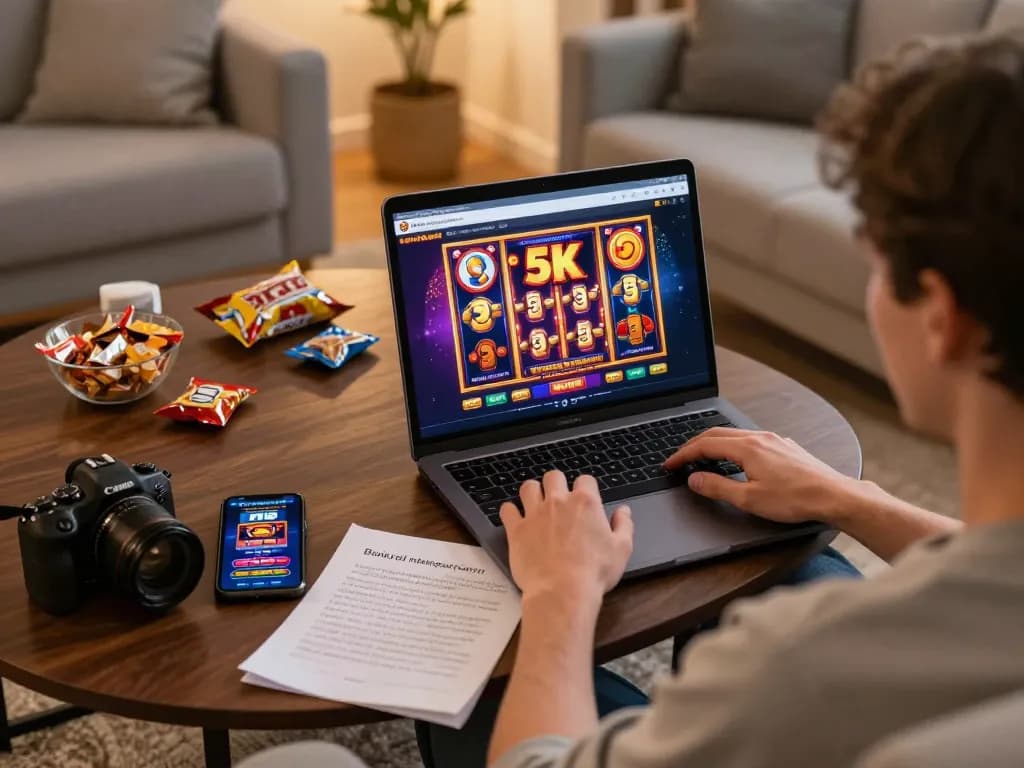 Engaging online gaming session featuring slot 5k on a laptop in a cozy home environment.
