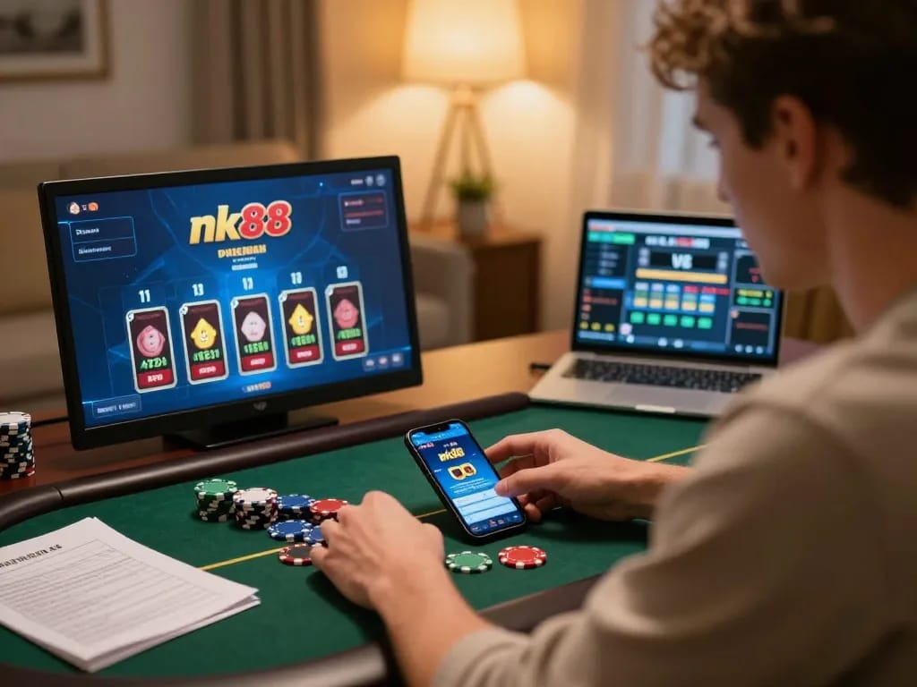 Player engaged with nk88 online poker game in a cozy home setting with chips and strategy notes.