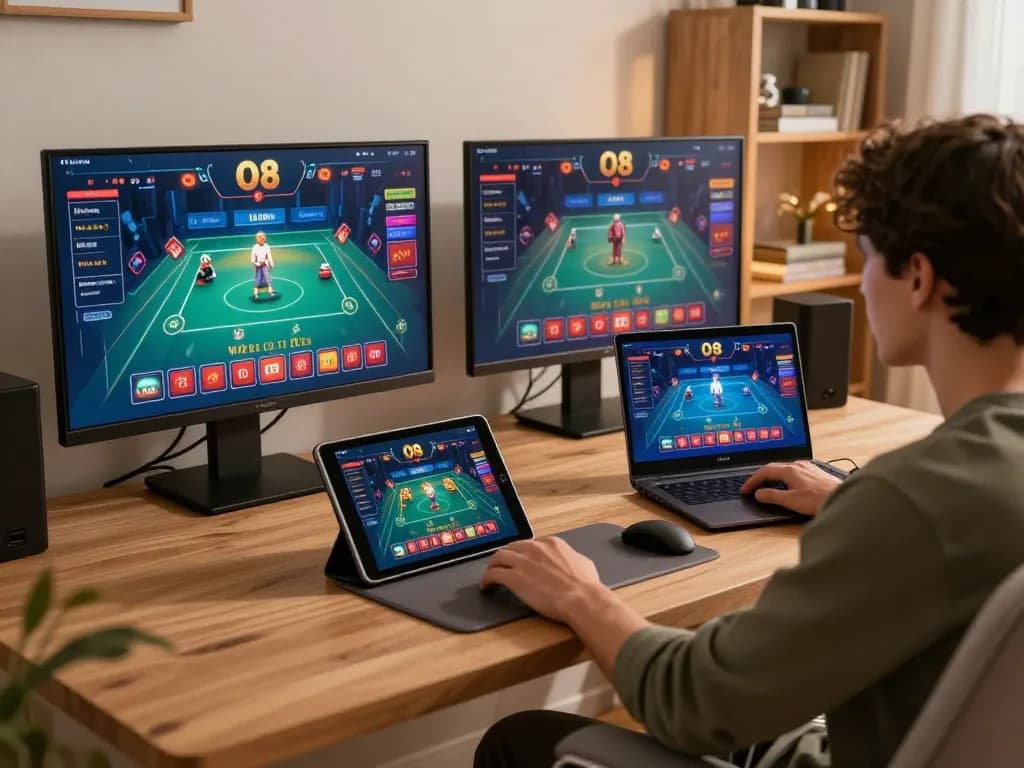 Player enjoying a live dealer game at home using O8 casino platform with vibrant graphics.