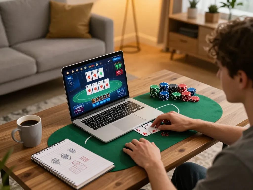 Hitclub player immersed in an online gaming setup, enjoying strategic poker gameplay.