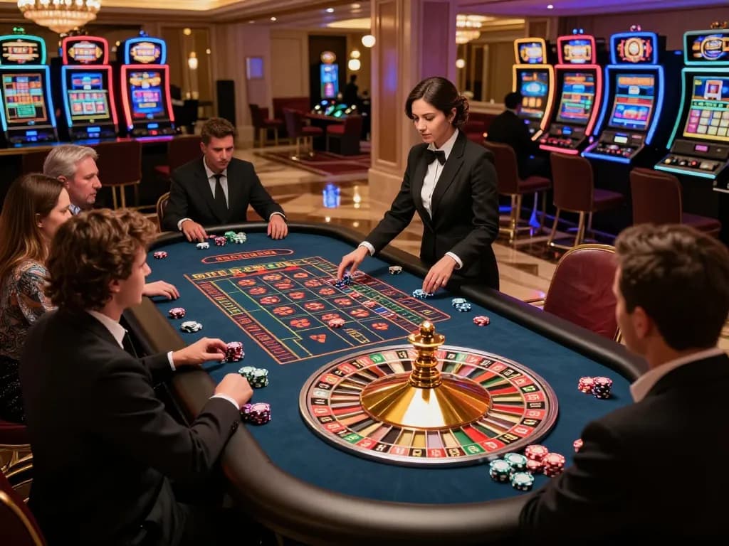 Experience excitement at go99com with players engaging at a roulette table in a vibrant casino atmosphere