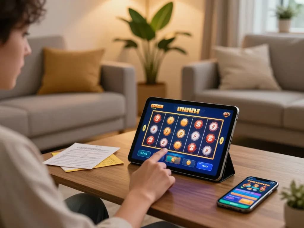 Engage in exciting nohu slot games on tablet, cozy gaming setup at home.