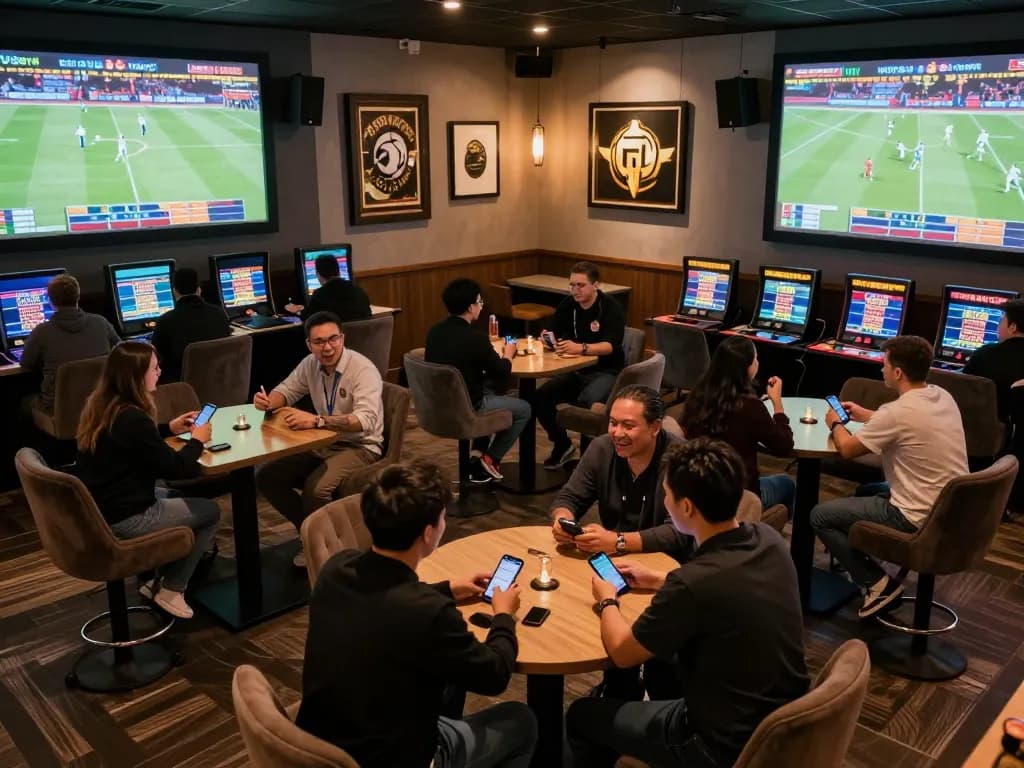 Exciting sports fans placing bets at Vsbet's upscale gaming lounge, creating an energetic atmosphere.