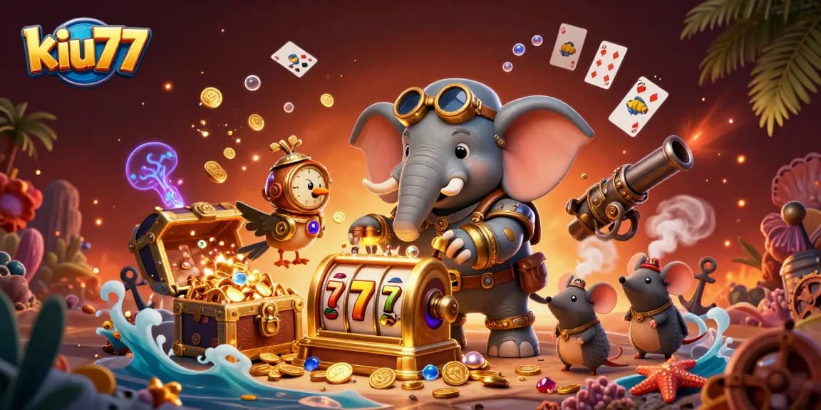 Experience thrilling gameplay at kiu77 with a steampunk elephant operating a golden slot machine amidst vibrant casino elements.